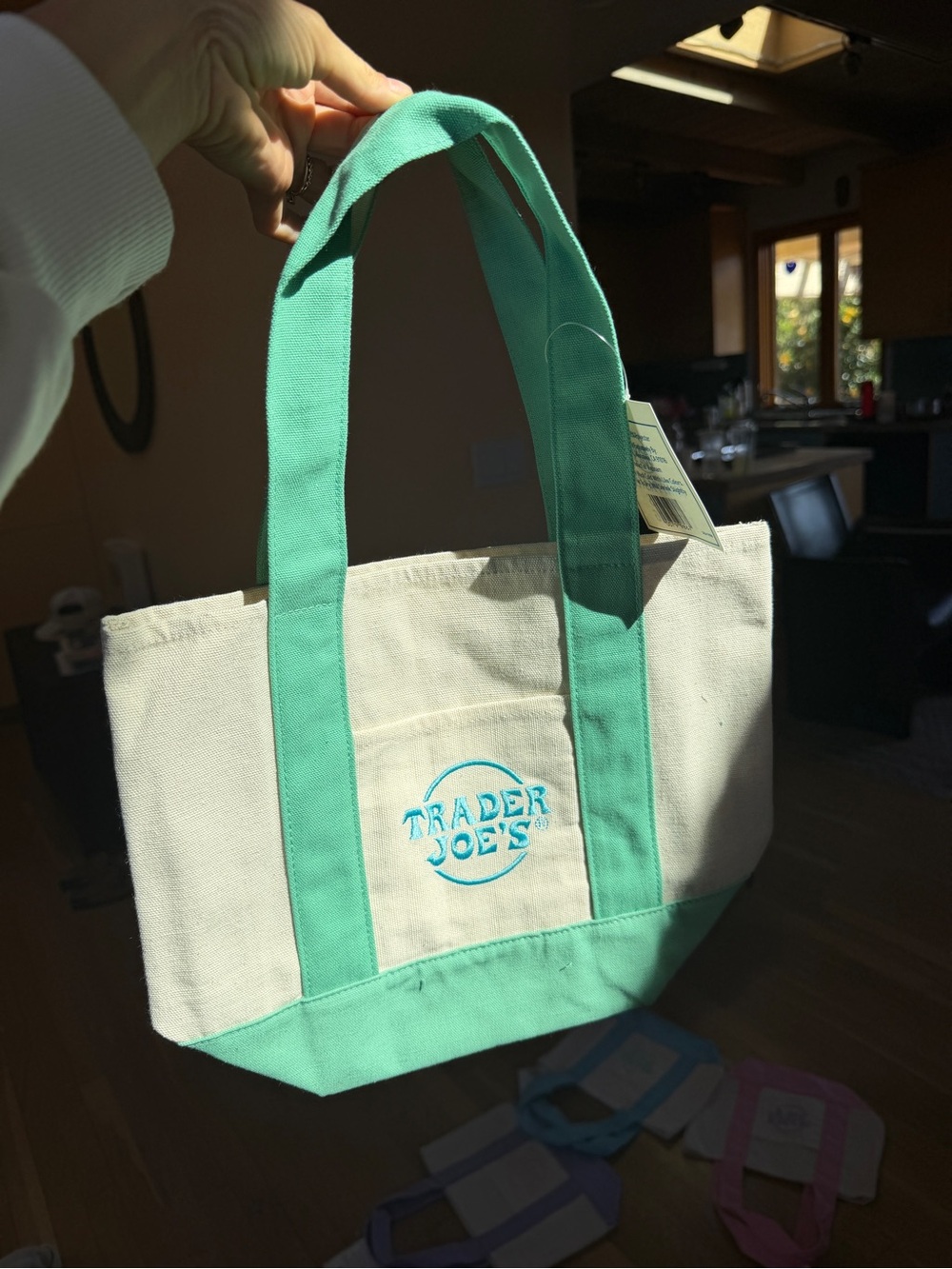 Trader Joe's pastel Mint Canvas Tote Bag with Green Accents - Picture 3 of 4